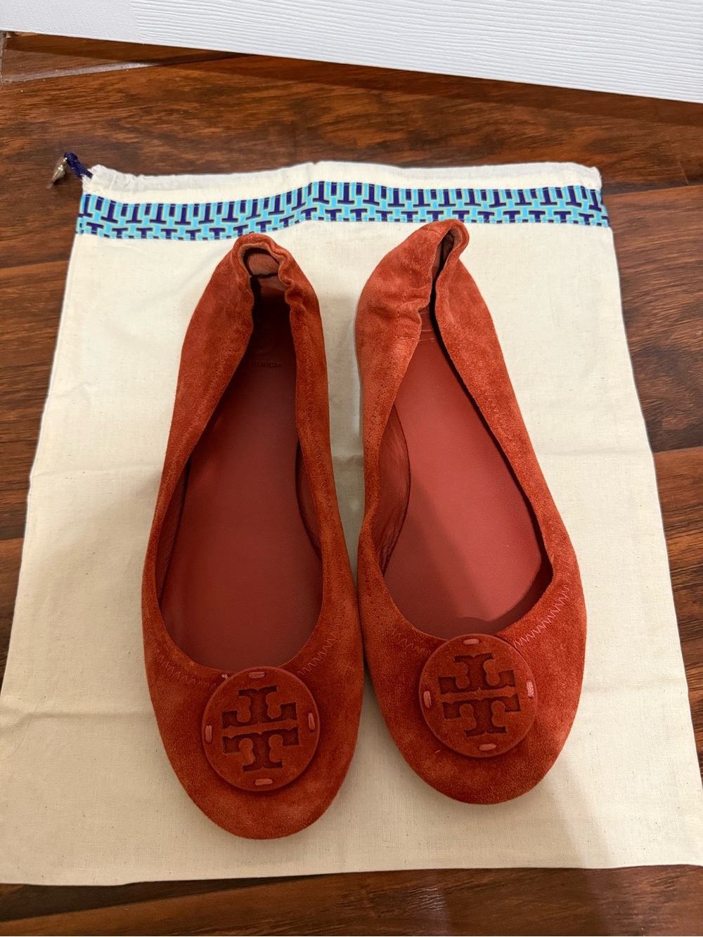 Tory Burch Rust Suede Logo Ballet Flats